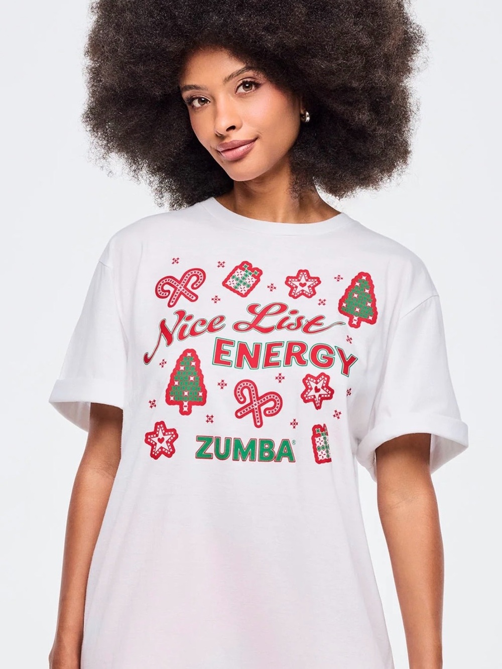 Zumba Fitness White Nice List Energy Graphic Tee with Red & Green Print